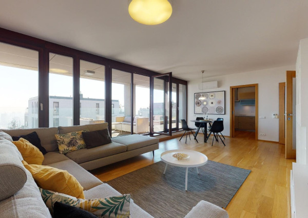 PREDANÉ + PRENAJATÉ -Slnečný, kompletne zariadený 4 izbový byt s terasou, loggiou, 2 x parking v garáži: rezidencia PARKVILLE, KOLIBA-BA III.